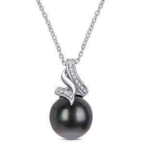 EVERLY JEWELRY | Sterling Silver 9-9.5mm Black Tahitian Pearl and Diamond Accent Twist Pendant with Chain, 18" - 1 of 4