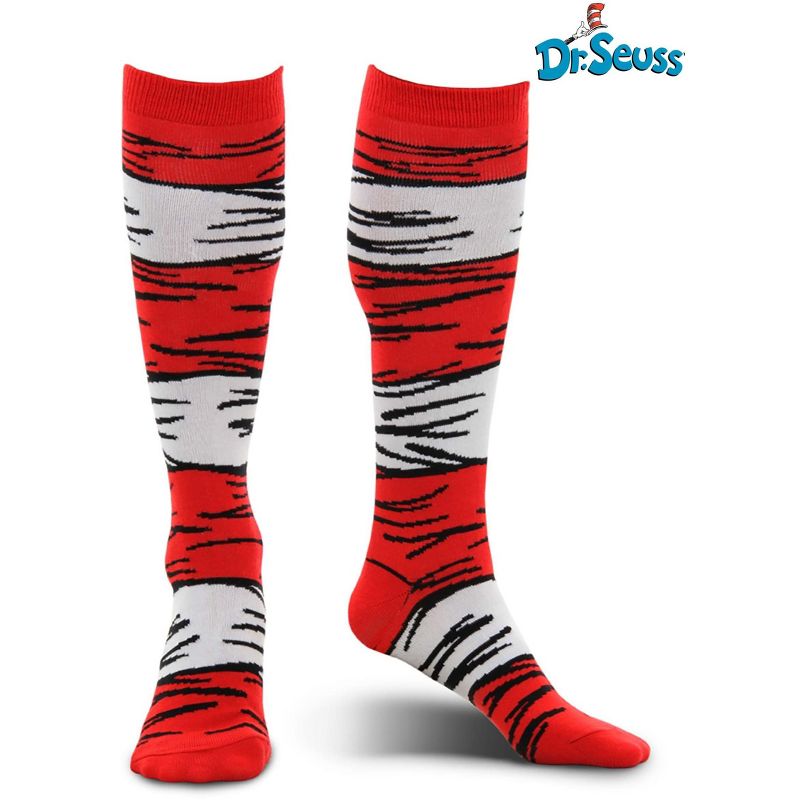 HalloweenCostumes.com One Size Fits Most  Dr. Seuss Cat in The Hat Striped Costume Socks for Adults., Black/Red/White, 2 of 6