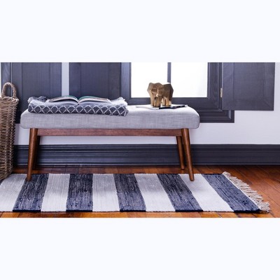 Handwoven Navy Blue Stripe Indoor Runner with Recycled Cotton