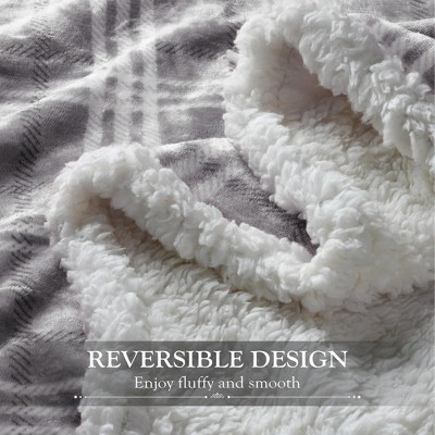 Plaid Grey Reversible Sherpa Fleece Throw Blanket, 50x60 inches