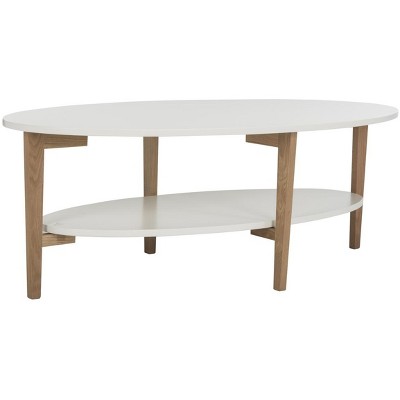 Transitional Dual-Tier Oval Coffee Table in White and Natural Wood