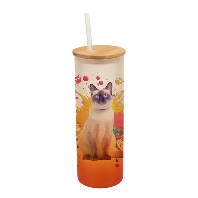 100 North 25 Ounce Frosted Glass Gradient Travel Tumbler With Straw & Wooden Lid, Siamese Cat Paint Splatter Orange