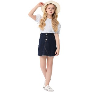 Girls' Ruffle Puff Sleeve Blouse Short Hollow Out Sleeve T-Shirt Round Neck Solid Casual Top - 1 of 4