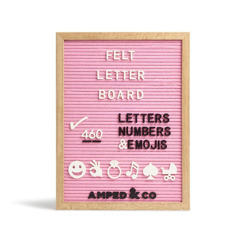 Amped Co - 16"x12" Premium Felt Letter Board: 460 Letters, Oversized Emojis, Oak Wood Frame, PreCut Letters in 3 Canvas Bags, 1 of 8