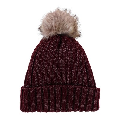 Ctm Women's Metallic Shimmer Winter Knit Lined Beanie With Pom, Wine ...