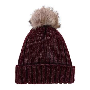 CTM Women's Metallic Shimmer Winter Knit Lined Beanie with Pom