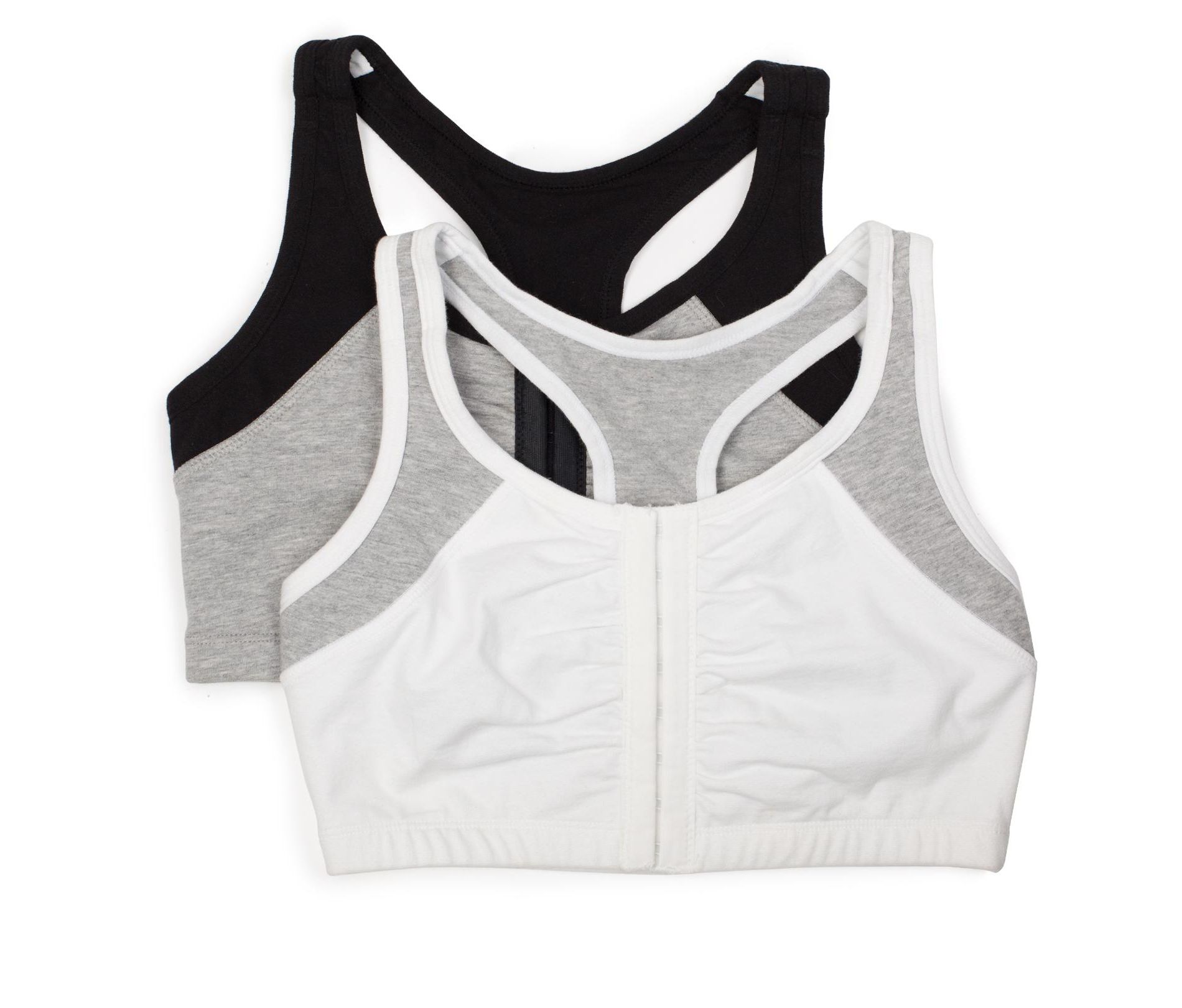 Fruit of the Loom Women's Front Close Racerback Sport Bra, 2-Pack White with Grey/Black with Grey 38