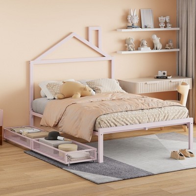 Okak Platform Bed Frame with House-Shaped Headboard and 2 Drawers Metal Storage Bed No Box Spring Needed Easy Assembly