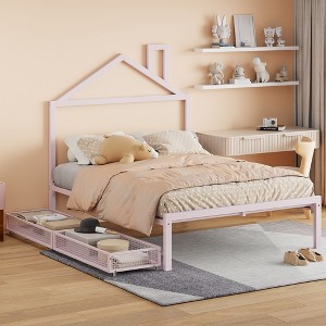 Okak Platform Bed Frame with House-Shaped Headboard and 2 Drawers Metal Storage Bed No Box Spring Needed Easy Assembly - 1 of 4