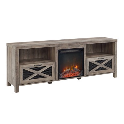 Newark Industrial Farmhouse Drop Down Metal Mesh X Door with Electric Fireplace TV Stand for TVs up to 80" - Saracina Home
