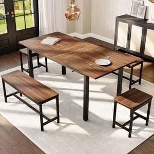 5 PCs Dining Table Set for 6-8 People, 63 in Extendable Kitchen Table Set with 2 Benches and 2 Square Stools, Modern Dining Room Furniture Sets - 1 of 4