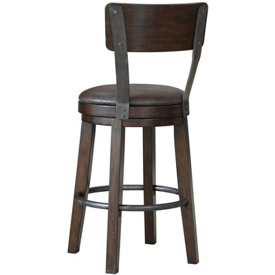 Brown Swivel Wood and Metal Bar Stool with Leather Seat