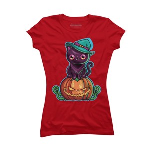 Junior's Design By Humans Ferociously Cute Halloween Vampire Witch Kitty Cat By LittleBunnySunshine T-Shirt - 1 of 2