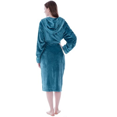 Sea Blue Fleece Hooded Bathrobe with Satin Trim, L/XL