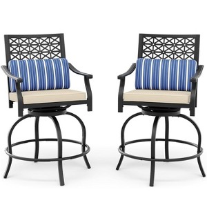 Outdoor Swivel Bar Stools Set of 2 with Blue Cushions, Armrest and Backrest - 1 of 4