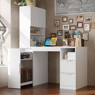 FUFU&GAGA White Home Desk with Pegboard, Drawers & Rolling Storage – Modern L-Shaped Hutch Computer Desk for Small Spaces