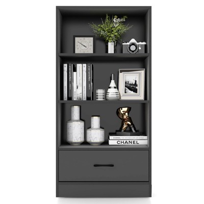 Tangkula 4-Tier Bookcase w/Storage Drawer Modern Storage Shelf w/3-Tier Open Shelf Freestanding Display Shelf Grey/Natural/White