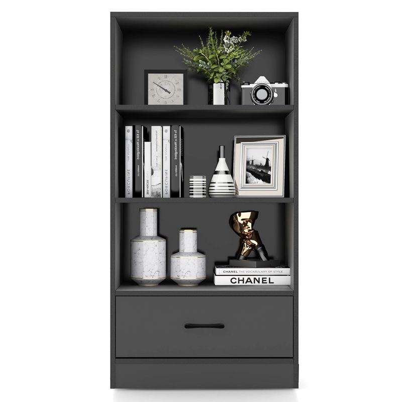 Tangkula 4-Tier Bookcase w/Storage Drawer Modern Storage Shelf w/3-Tier Open Shelf Freestanding Display Shelf Grey/Natural/White, 1 of 9
