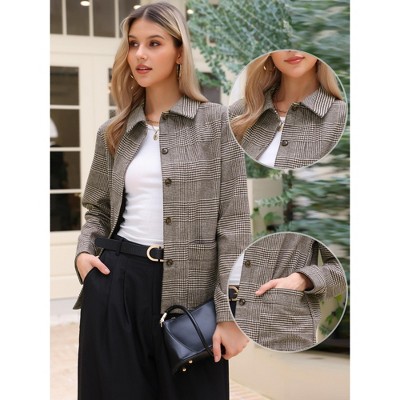 INSPIRE CHIC Women's Long Sleeve Fall Trendy Button Down Cropped Shacket Plaid Jacket with Pockets Brown Medium — фото 2