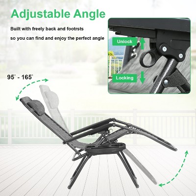 Gray Foldable Zero Gravity Outdoor Lounge Chairs with Cushions, Set of 2