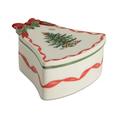 Spode Christmas Tree Ribbon Bell Shaped Box with Lid, 2" H x 5.3" L - Festive Porcelain Dish - Decorative Holiday Storage