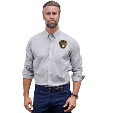 brewers dress shirt Milwaukee Brewers Long Sleeve Spread Collar Dress Shirt | Women | Elemental Grey/White | XL