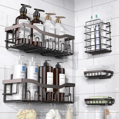 Attop Dark Brown 5-Pack Rust-Resistant Stainless Steel Large Capacity Shower Shelves - No Drilling or Gluing Required Bathroom Storage Racks