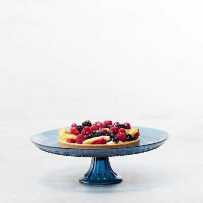 Blue Glass Pedestal Cake Stand with Beaded Detailing
