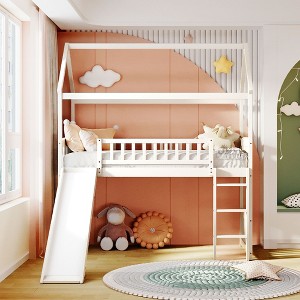 NicBex Twin Size Bunk Bed House Shape Loft Bed Pine Bed Frame with Full Length Guardrail, Slide and Ladder, No Box Spring Required - 1 of 4