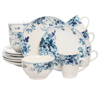 16pc Stoneware Antique Garden Dinnerware Set Blue - Elama