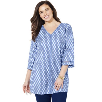 Catherines Women's Plus Size Crochet Trim V-Neck Tunic