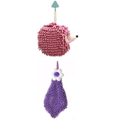 REGALWOVEN 2 Packs Chenille Hand Towel Flower and Cute Cartoon Hanging Hand Towel for Bathroom 6" x 15"/7" x 7"