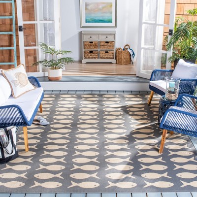Reversible Rectangular Grey/Beige Synthetic Indoor/Outdoor Rug