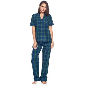 Ashford & Brooks Women's Woven Short Sleeve Shirt and Pajama Pants Set - 1 of 4