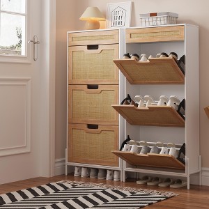 Rattan Shoe Cabinet with 3 Flip Doors and 1 Drawer, Narrow Shoe Rack with Adjustable Shelf, Freestanding Shoe Storage Organizer - 1 of 4