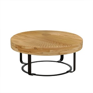 Round Coffee Table, Modern Wooden Side Table, Farmhouse Carving Pattern Coffee Table with Metal Legs for Living Room Office Apartment - 1 of 4