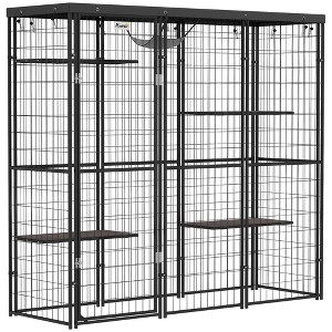 PawHut Weld Wire Catio Outdoor Indoor, Cat Enclosure with Waterproof Cover, 4 Jumping Platforms, Hammock, for 1-3 Kittens, 69" x 22" x 62", Black - 1 of 4