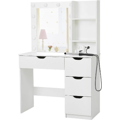 4 Drawers Modern Vanity Makeup Desk with Lighted Mirror, Built-in Power Outlet Stylish Bedroom Makeup Table with Crystal Knobs