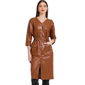 Allegra K Women's Faux Leather 3/4 Sleeve Button Down V Neck Party Club Midi Dresses - 1 of 4