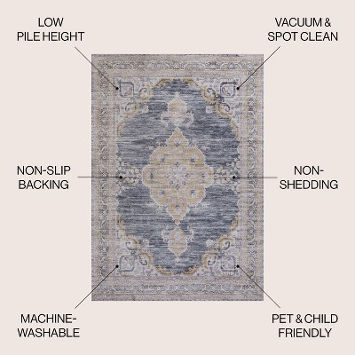Wincer Dark Gray and Yellow Cotton Chenille Medallion Washable 3 ft x 5 ft Area Rug