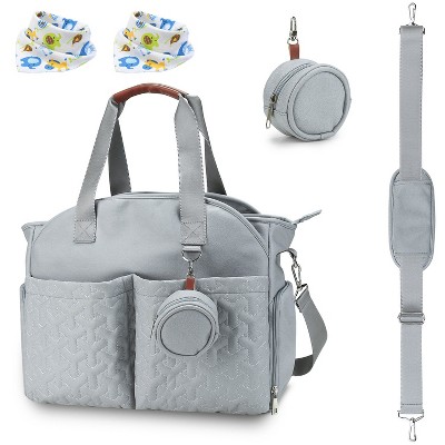 Babyluv"Breast Pump & Diaper Tote Bag with Detachable Strap, Side Pockets, Free Bibs, Compatible with Spectra & Medela"LightBlue&LightGrey