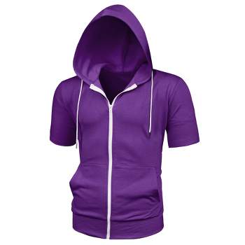 Lars Amadeus Men's Hoodies Solid Color Zip Up Short Sleeve Jackets with Hood Purple Medium