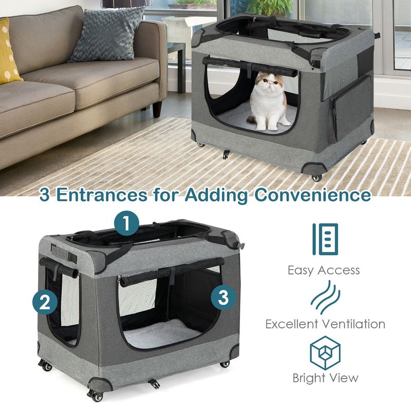 Tangkula Extra Large Portable Folding Cat Soft Crate w/ 4 Lockable Wheels Cat Carrier, 3 of 9