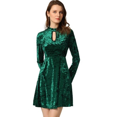 INSPIRE CHIC Women's Keyhole Neck High Waist Long Sleeve Velvet Swing Mini Dress