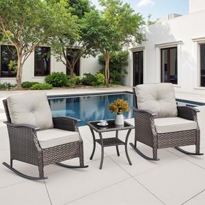 Buenhomino Patio Furniture Set 3 Pieces, Wicker Rocking Bistro Set with Thick Cushions, Outdoor Rocker Chairs and Coffee Table for Porch, Backyard - 1 of 4