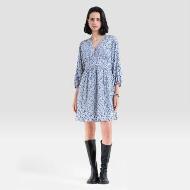 target blue and white floral dress Women's Bishop 3/4 Sleeve Mini Babydoll Waist Size:54″