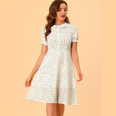 Женские платья INSPIRE CHIC Women's Peter Pan Collar Tie Neck Short Sleeve A-Line Elegant Belted Floral Dress Medium White — фото 5