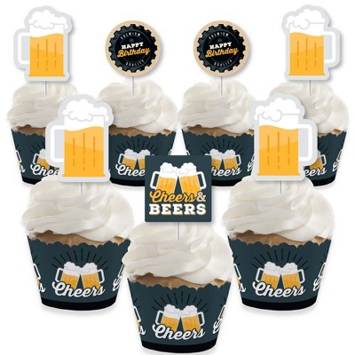 Big Dot of Happiness Cheers and Beers Happy Birthday - Cupcake Decoration - Birthday Party Cupcake Wrappers and Treat Picks Kit - Set of 24