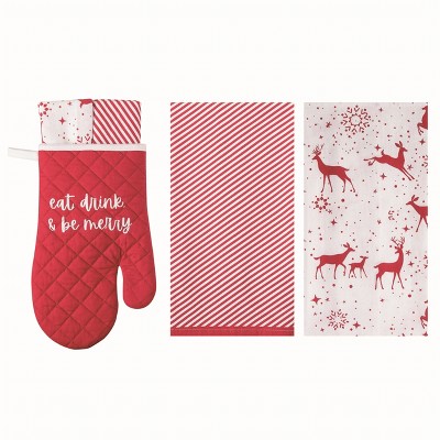 Transpac Cotton 14 in. Multicolor Christmas Be Merry Oven Mitt and Towels Set Set of 3