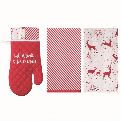 Transpac Cotton Multicolor Christmas Oven Mitt and Tea Towels Gift Set of 3